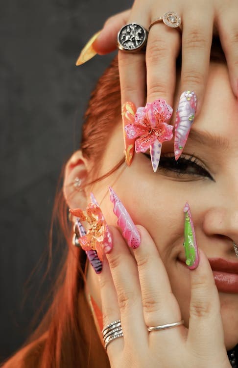Colorful avant-garde nail art close-up